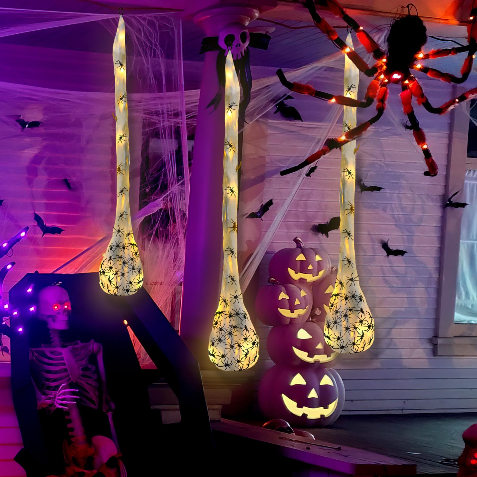 Outdoor Lighting Tree - 1-3 Stück Halloween-Lichter, Spinnennetz-Eierbeutel, Halloween-Dekorationen für