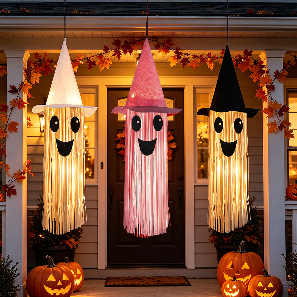 Outdoor Lighting Tree - Halloween Leuchtender Hexenhut Geisterquaste Hängedekoration, LED-Licht